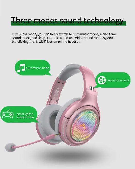Bluetooth wireless headset Low Latency Gaming Headset LED RGB Microphone Pink / Black