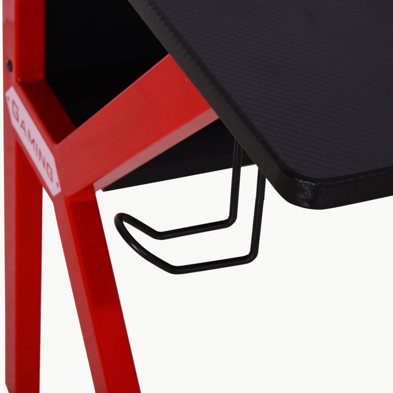 Gaming Desk Computer Table with Monitor Stand, Cup Holder, Headphone Hook, Wire Basket and Metal Frame, Red
