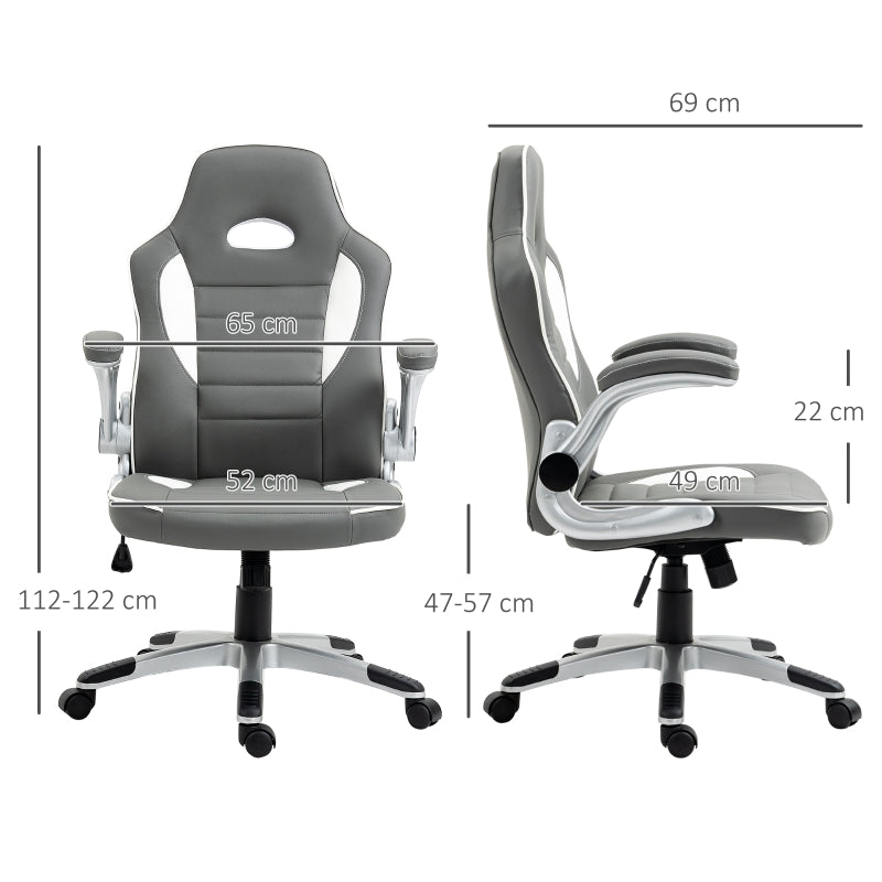 Computer Gaming Chair, Office Desk Swivel Chair, PU Leather Racing Chair with 90° Flip-up Armrest, Adjustable Height and Rolling Wheels, Grey