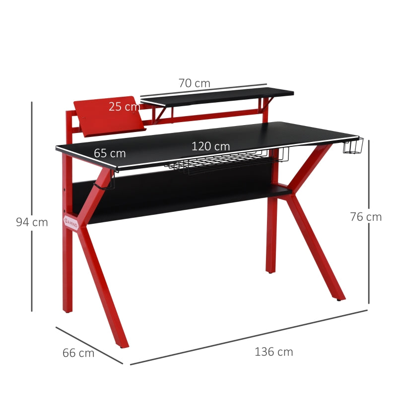 Gaming Desk Computer Table with Monitor Stand, Cup Holder, Headphone Hook, Wire Basket and Metal Frame, Red