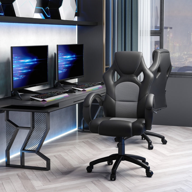 High-Back Office Chair Gaming Chair Faux Leather Swivel Computer Desk Chair for Home Office with Wheels Armrests Black/Grey