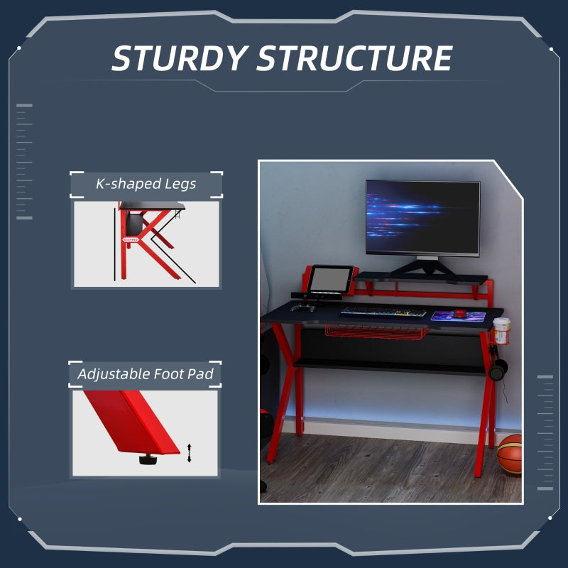 Gaming Desk Computer Table with Monitor Stand, Cup Holder, Headphone Hook, Wire Basket and Metal Frame, Red