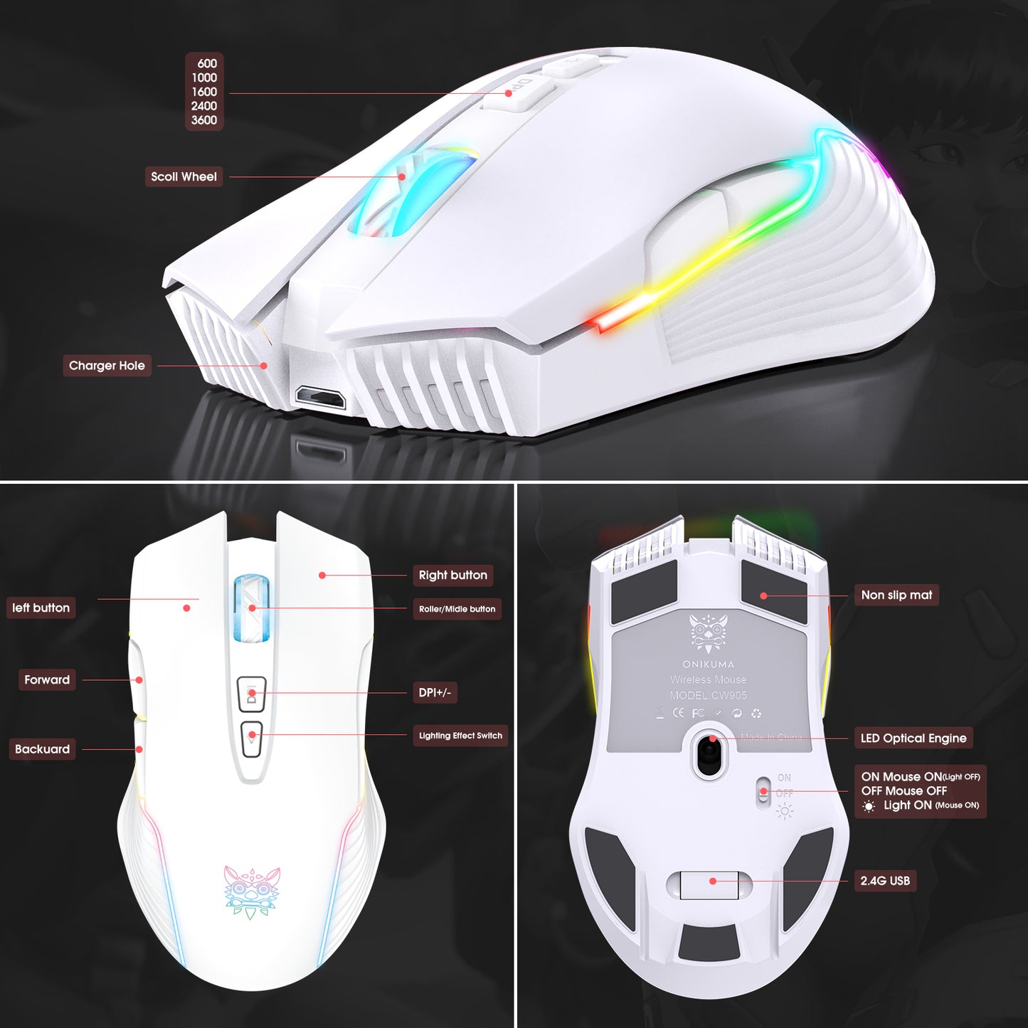 Wireless White Gaming Mouse Office Mouse Work Mouse 3600 adjustable DPI RGB LED Light