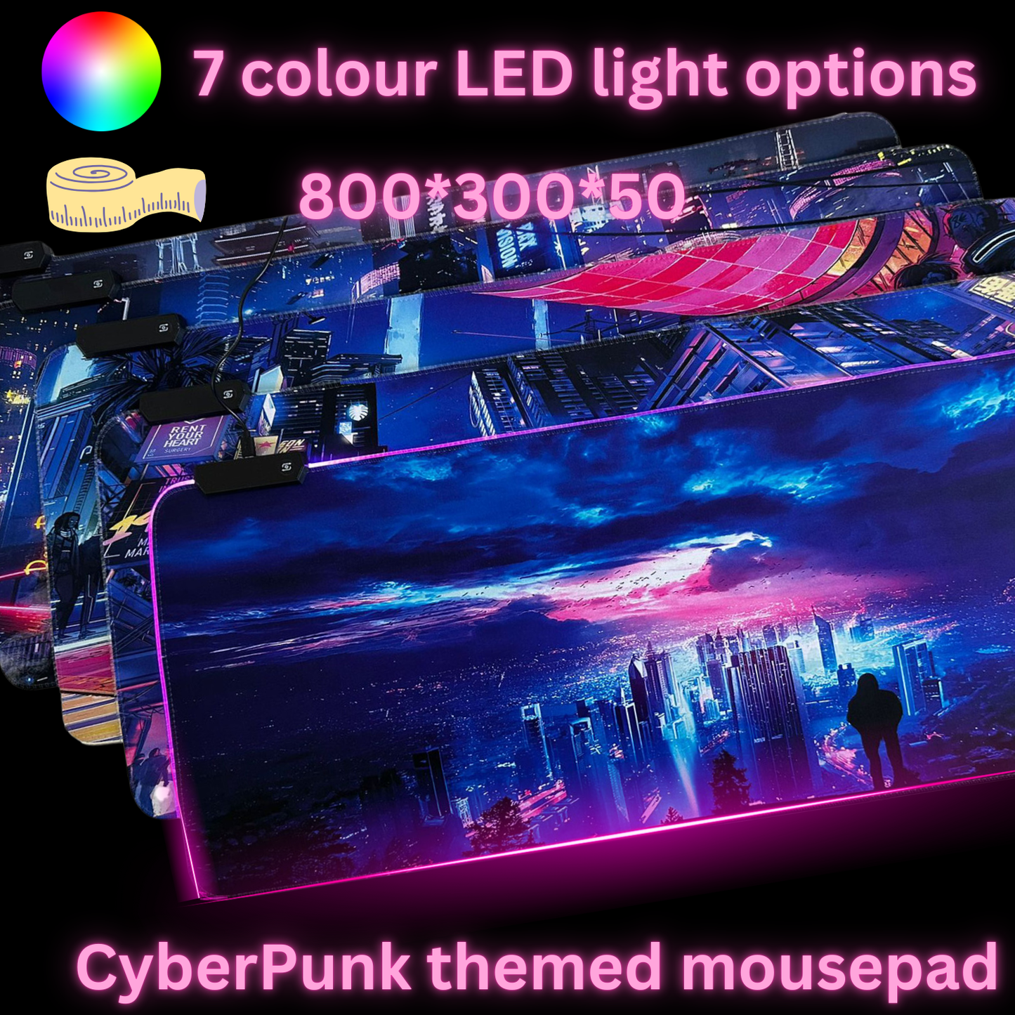 Cyberpunk Night City Dystopian DS3 LED Mouse Mat Mouse Pad 7 led lights smooth surface