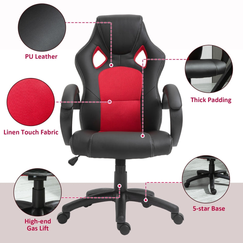 High Back Office Chair Gaming Chair Faux Leather Swivel Computer Desk Chair for Home Office with Wheels Armrests, Black & Red