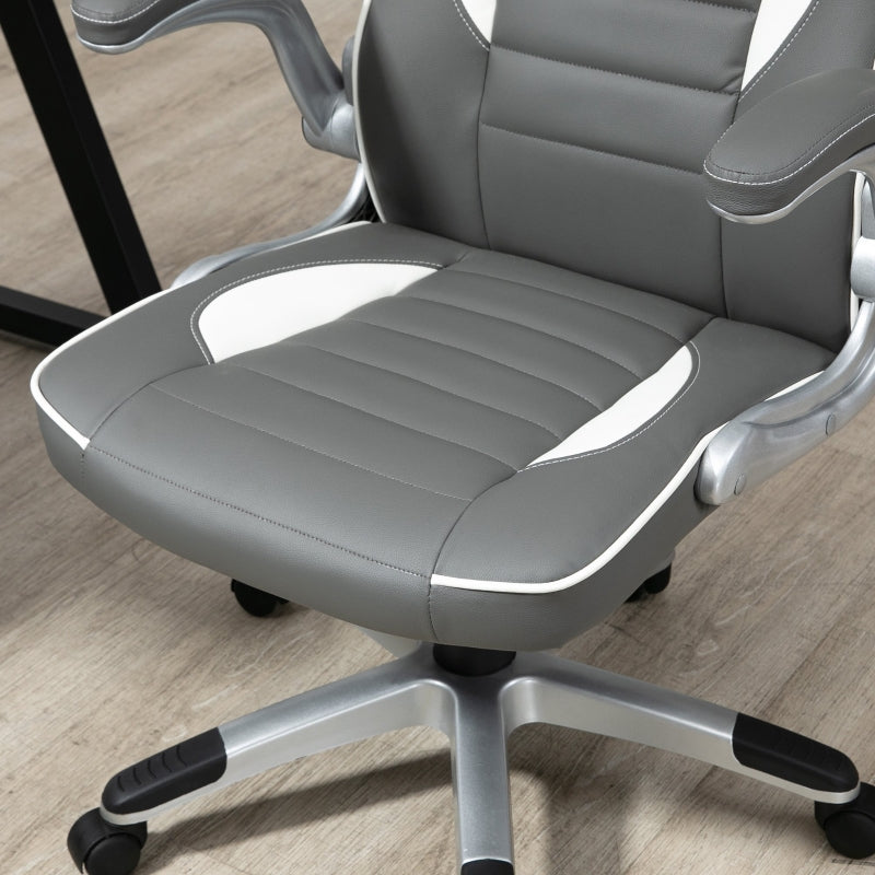 Computer Gaming Chair, Office Desk Swivel Chair, PU Leather Racing Chair with 90° Flip-up Armrest, Adjustable Height and Rolling Wheels, Grey