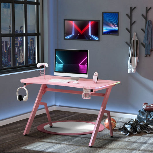 LED Pink Gaming Desk Office Desk Computer Table RGB Carbon Fibre Surface Headphone Hook Cup Holder Controller Rack Pink