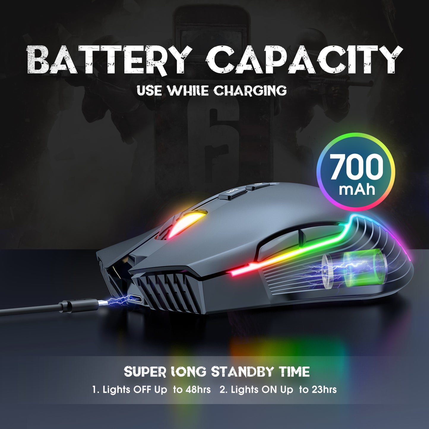Wireless Black Gaming Mouse Office Mouse Work Mouse 3600 adjustable DPI RGB LED Light