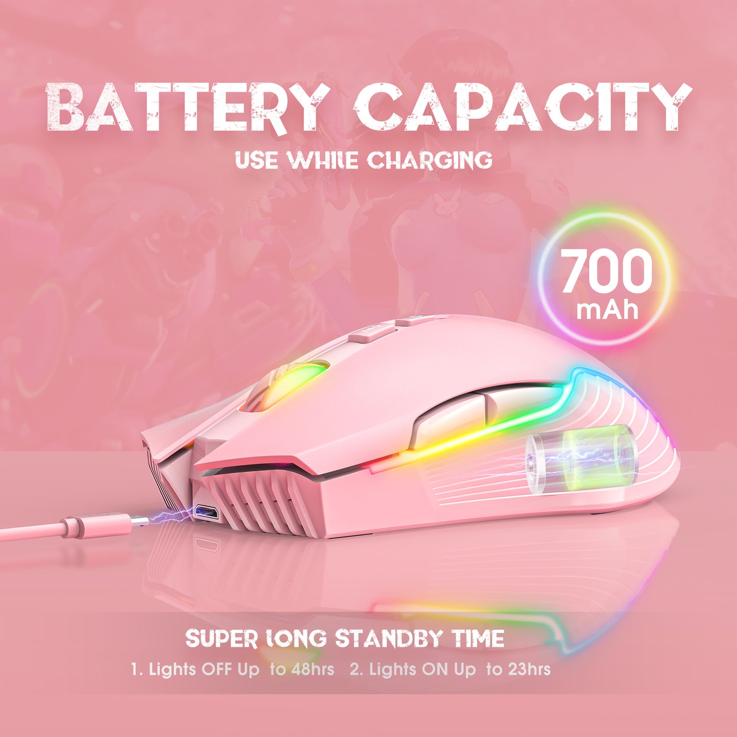Wireless Pink Gaming Mouse Office Mouse Work Mouse 3600 adjustable DPI RGB LED Light