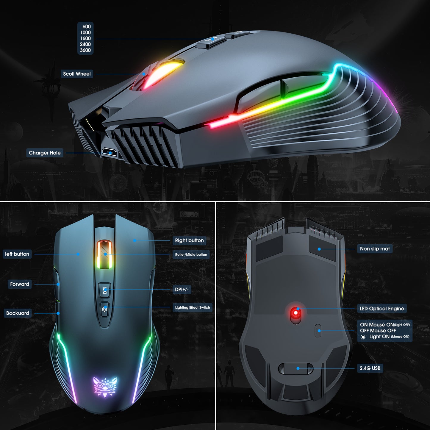 Wireless Black Gaming Mouse Office Mouse Work Mouse 3600 adjustable DPI RGB LED Light
