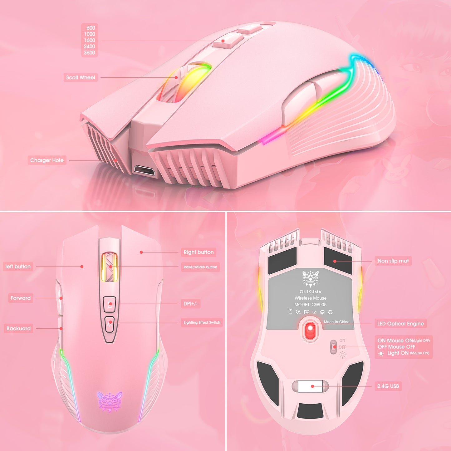 Wireless Pink Gaming Mouse Office Mouse Work Mouse 3600 adjustable DPI RGB LED Light
