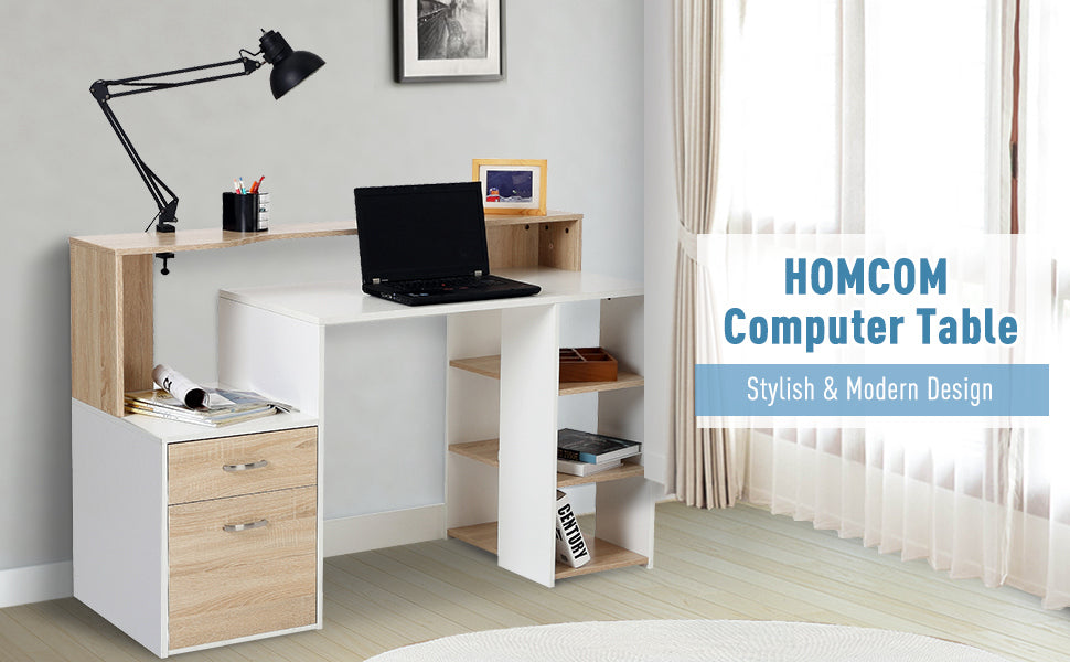 Modern Computer Desk with Drawers and Storage Shelves, Study Workstation, Writing Desk with Printer Stand for Home Office, Oak and White