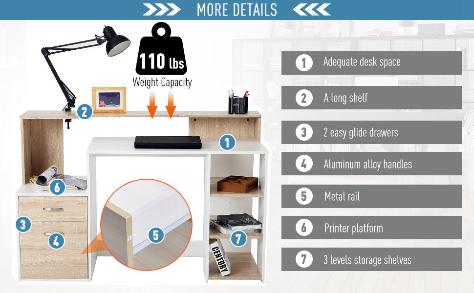 Modern Computer Desk with Drawers and Storage Shelves, Study Workstation, Writing Desk with Printer Stand for Home Office, Oak and White