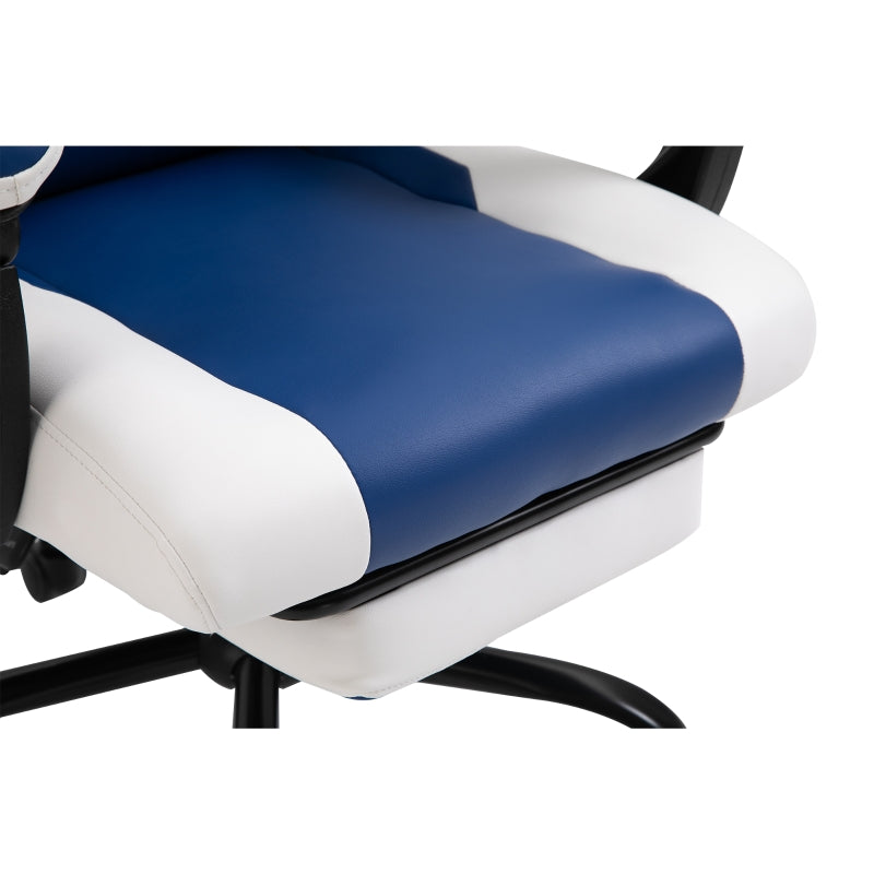 PU Leather Gaming Chair with Headrest, Footrest, Wheels, Adjustable Height, Racing Gamer Chair, Blue White