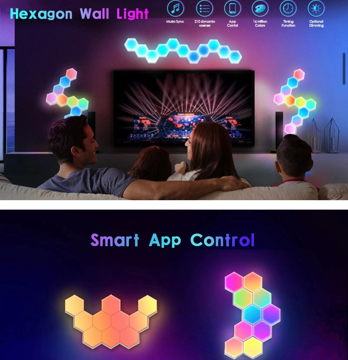 6 PCS LED RGB App controlled Hexagon Honeycomb Geometric Colourful Smart Wall Lights