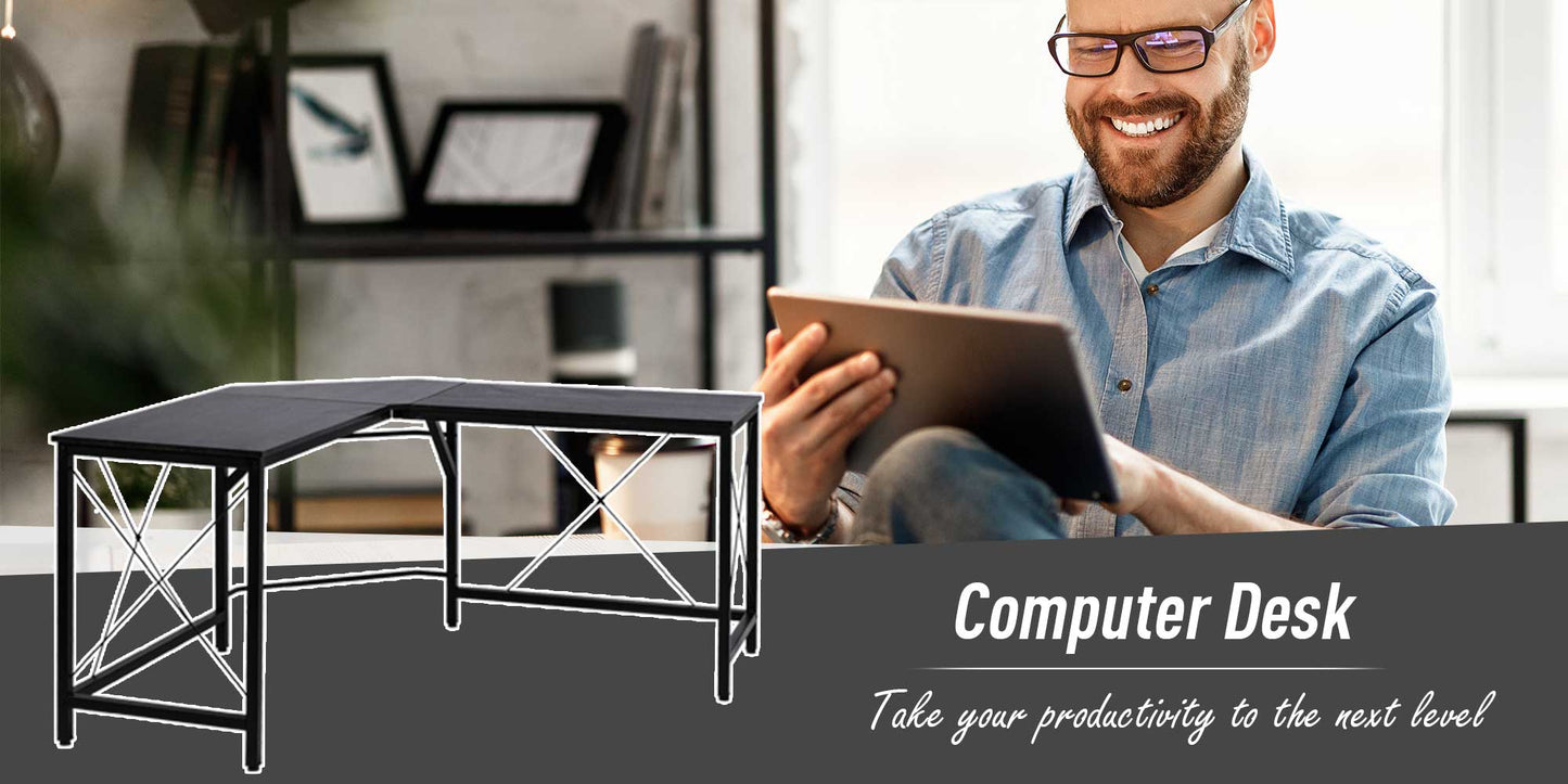 Corner Gaming Desk L-Shape Computer PC Workstation Home Office Three Worktop Writing Table 76x150cm Black