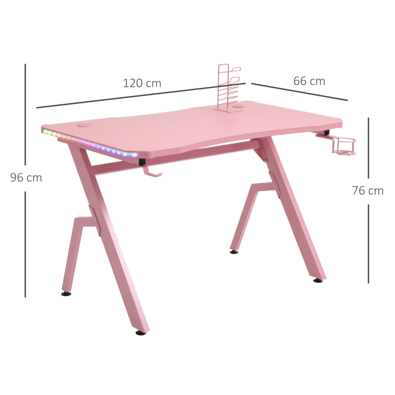 LED Pink Gaming Desk Office Desk Computer Table RGB Carbon Fibre Surface Headphone Hook Cup Holder Controller Rack Pink