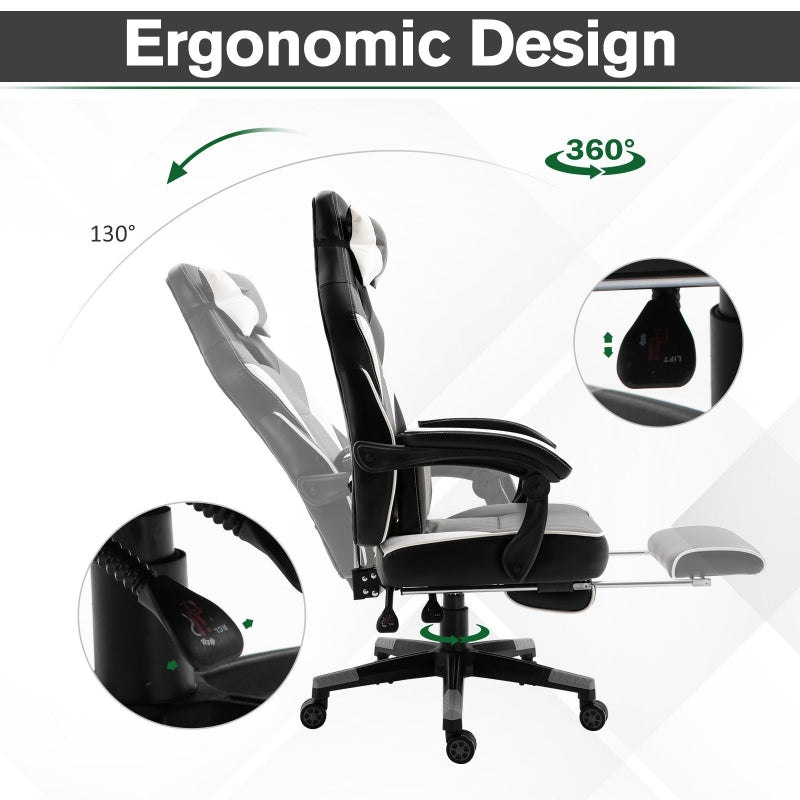 Gaming Chair Ergonomic Recliner w/ Thick Padding Footrest Headrest Lumbar Pillow 5 Wheels Racing Swivel Height Adjustable Home Office Chair Grey