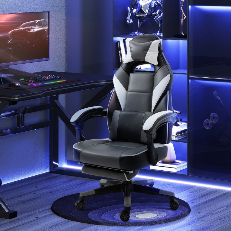 Gaming Chair Ergonomic Recliner w/ Thick Padding Footrest Headrest Lumbar Pillow 5 Wheels Racing Swivel Height Adjustable Home Office Chair Grey