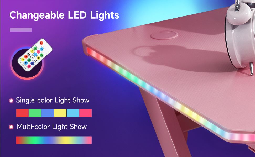 LED Pink Gaming Desk Office Desk Computer Table RGB Carbon Fibre Surface Headphone Hook Cup Holder Controller Rack Pink