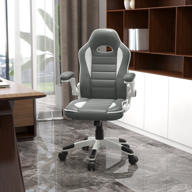 Computer Gaming Chair, Office Desk Swivel Chair, PU Leather Racing Chair with 90° Flip-up Armrest, Adjustable Height and Rolling Wheels, Grey