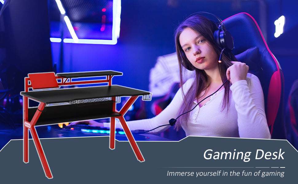 Gaming Desk Computer Table with Monitor Stand, Cup Holder, Headphone Hook, Wire Basket and Metal Frame, Red