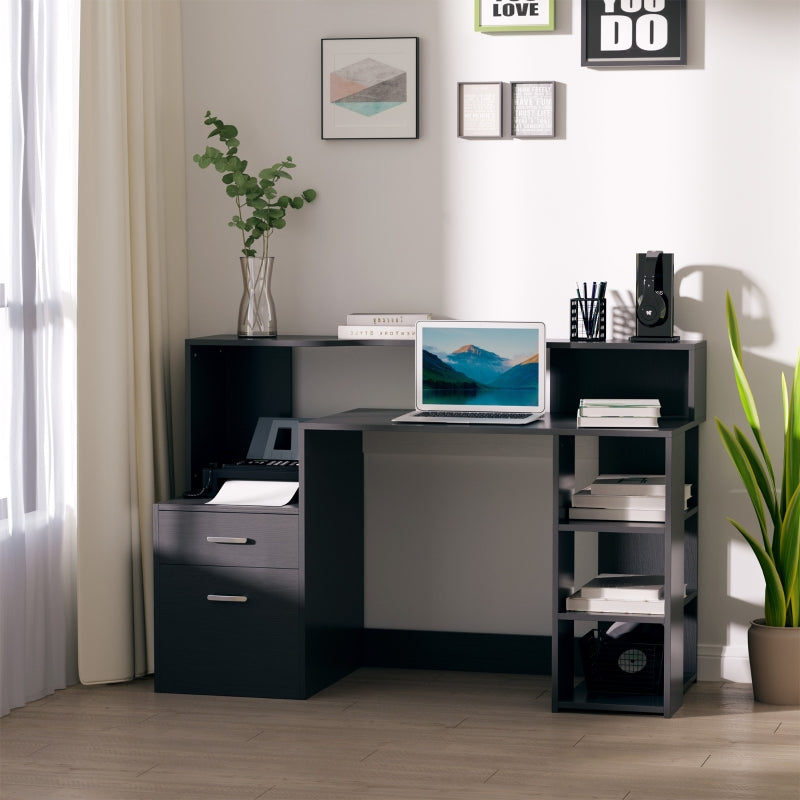 Modern Computer Desk with Drawers and Storage Shelves, Study Workstation, Writing Desk with Printer Stand for Home Office, Black