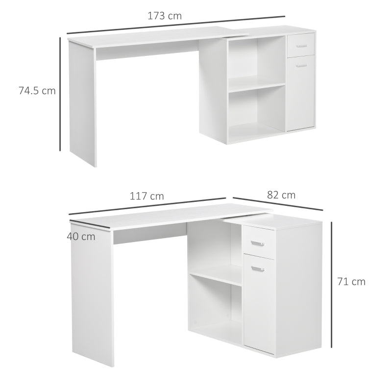 L-Shaped Desk Computer Corner Desk, Adjustable Dining Table with Storage Shelf and Drawer, Workstation for Home Office, White