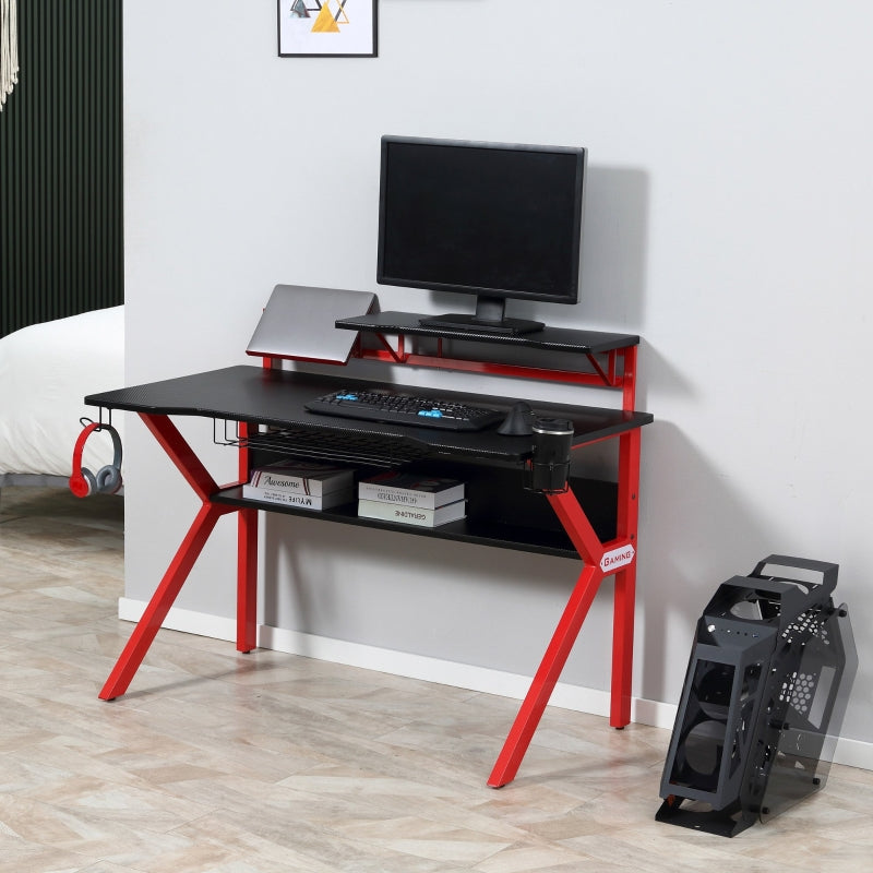 Gaming Desk Computer Table with Monitor Stand, Cup Holder, Headphone Hook, Wire Basket and Metal Frame, Red