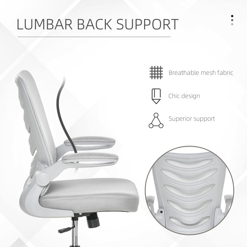 Mesh Office Gaming Chair for Home Swivel Task Desk Chair with Lumbar Back Support, Flip-Up Arm, Adjustable Height, White/Grey