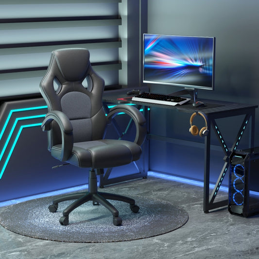 High-Back Office Chair Gaming Chair Faux Leather Swivel Computer Desk Chair for Home Office with Wheels Armrests Black/Grey