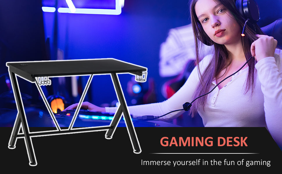 Gaming Desk Computer Table Metal Frame with Cup Holder, Headphone Hook, Cable Hole, Black