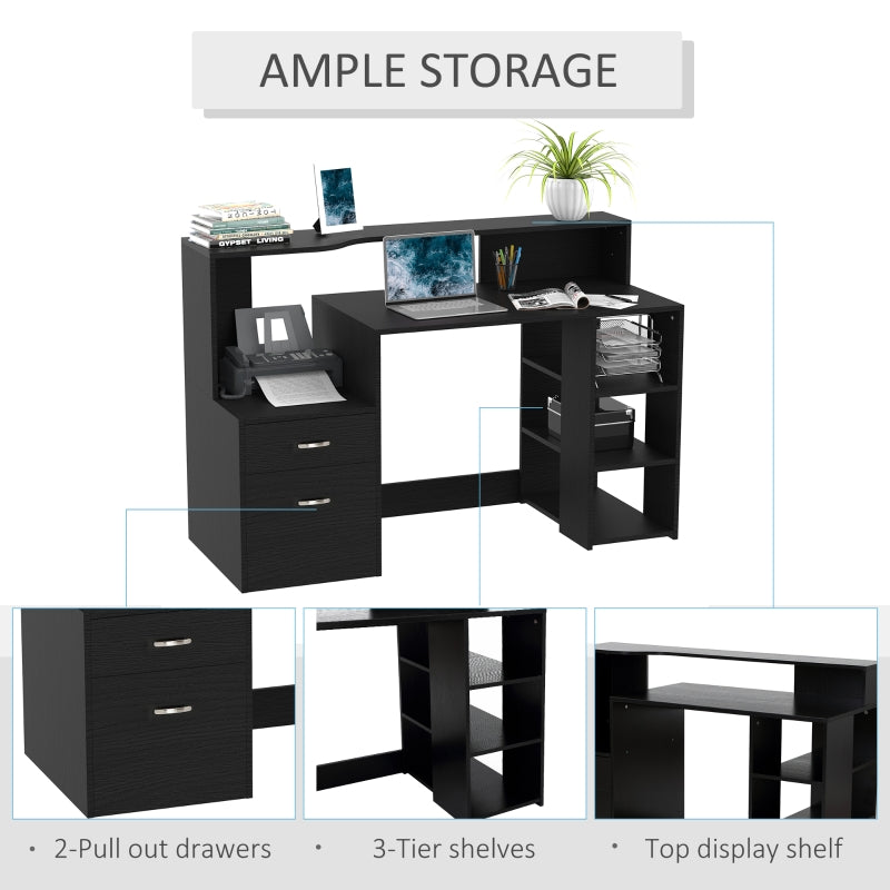 Modern Computer Desk with Drawers and Storage Shelves, Study Workstation, Writing Desk with Printer Stand for Home Office, Black