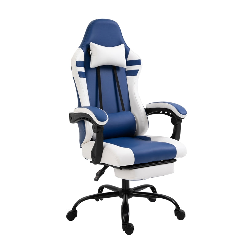 PU Leather Gaming Chair with Headrest, Footrest, Wheels, Adjustable Height, Racing Gamer Chair, Blue White