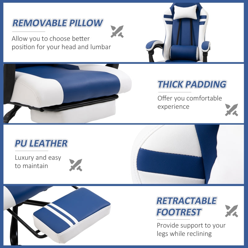 PU Leather Gaming Chair with Headrest, Footrest, Wheels, Adjustable Height, Racing Gamer Chair, Blue White
