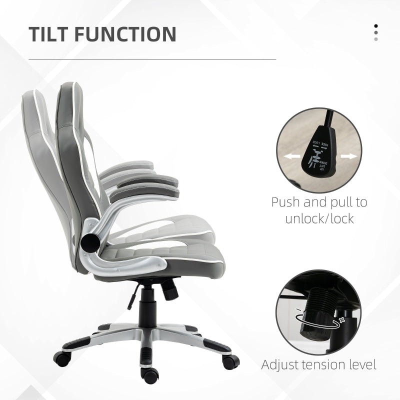 Computer Gaming Chair, Office Desk Swivel Chair, PU Leather Racing Chair with 90° Flip-up Armrest, Adjustable Height and Rolling Wheels, Grey