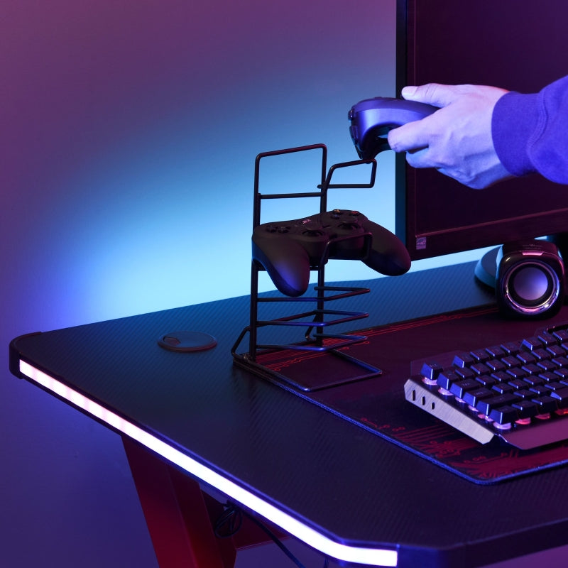 Racing Style LED Gaming Desk Office Desk Computer Table RGB Carbon Fibre Surface Headphone Hook Cup Holder Controller Rack Black And Red