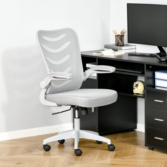 Mesh Office Gaming Chair for Home Swivel Task Desk Chair with Lumbar Back Support, Flip-Up Arm, Adjustable Height, White/Grey