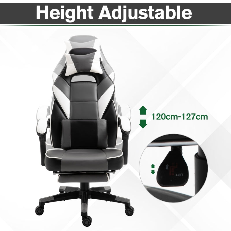 Gaming Chair Ergonomic Recliner w/ Thick Padding Footrest Headrest Lumbar Pillow 5 Wheels Racing Swivel Height Adjustable Home Office Chair Grey