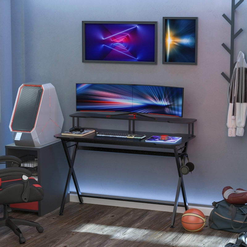 Gaming Desk Writing Racing Computer Table Workstation with Headphone Hook Curved Front Adjustable Feet for Home Office Use