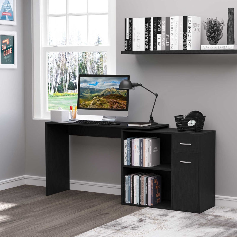 L-Shaped Desk Computer Corner Desk, Adjustable Dining Table with Storage Shelf and Drawer, Workstation for Home Office, Black