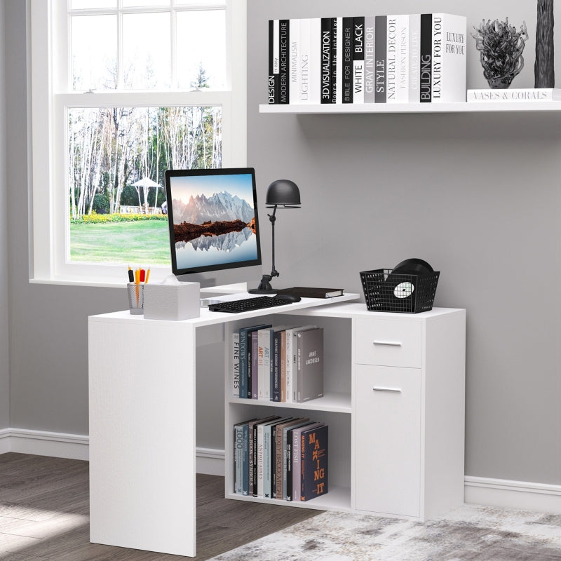 L-Shaped Desk Computer Corner Desk, Adjustable Dining Table with Storage Shelf and Drawer, Workstation for Home Office, White