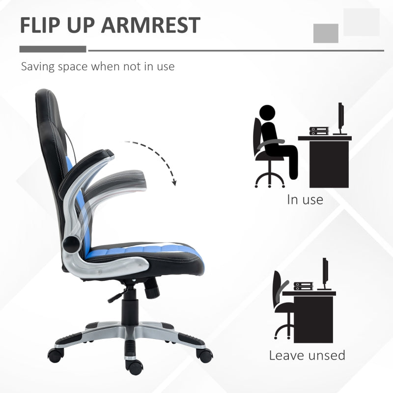 Computer Gaming Chair, Office Desk Swivel Chair, PU Leather Racing Chair with 90° Flip-up Armrest, Adjustable Height and Rolling Wheels, Blue