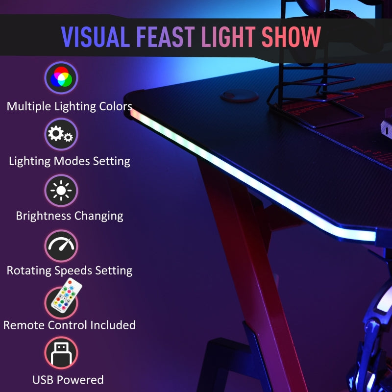 Racing Style LED Gaming Desk Office Desk Computer Table RGB Carbon Fibre Surface Headphone Hook Cup Holder Controller Rack Black And Red