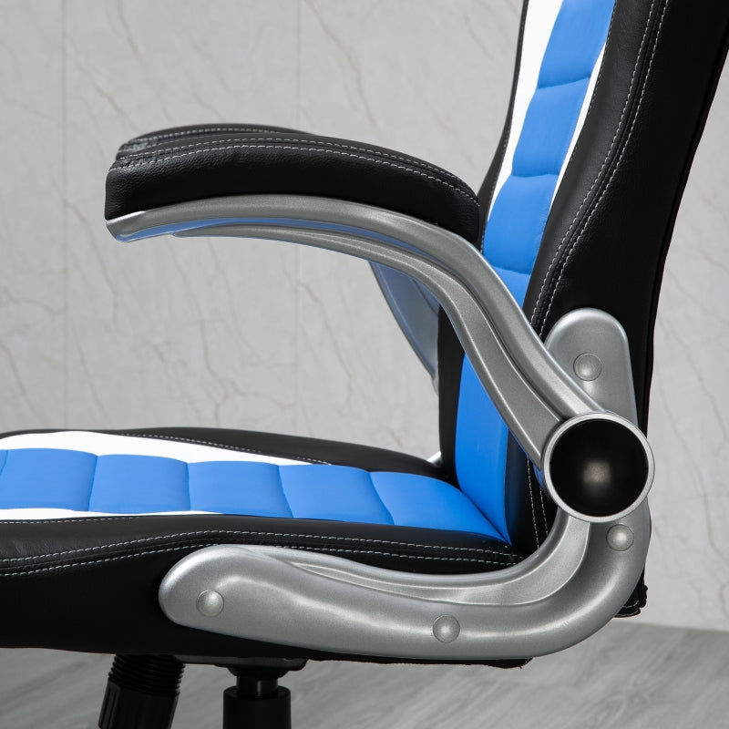 Computer Gaming Chair, Office Desk Swivel Chair, PU Leather Racing Chair with 90° Flip-up Armrest, Adjustable Height and Rolling Wheels, Blue