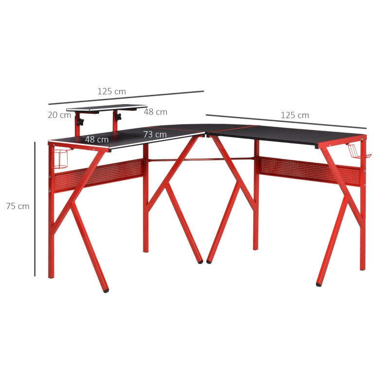 Gaming Desk L-Shaped Corner Computer Table for Home Office PC Workstations with Adjustable Monitor Stand Cup Holder Headphone Hook 125x125x75cm, Red