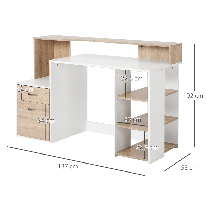 Modern Computer Desk with Drawers and Storage Shelves, Study Workstation, Writing Desk with Printer Stand for Home Office, Oak and White