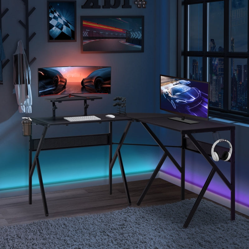 Gaming Desk L-Shaped Corner Computer Table for Home Office PC Workstations with Adjustable Monitor Stand Cup Holder Headphone Hook 125x125x75cm, Black