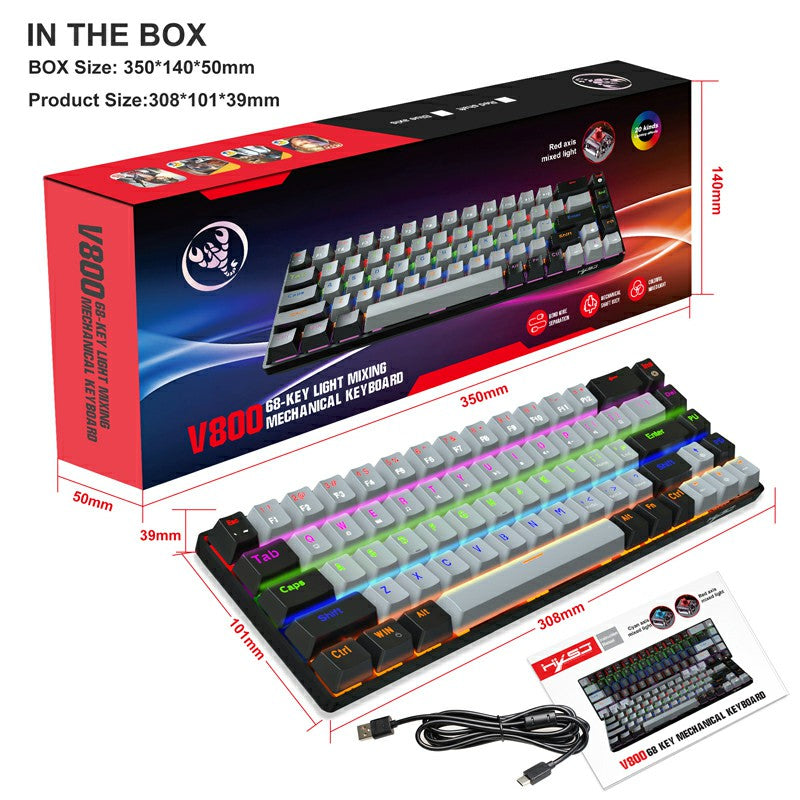 V800 68 Keys Keycap RGB Lighting Effect Metal Panel Mechanical Keyboard Grey