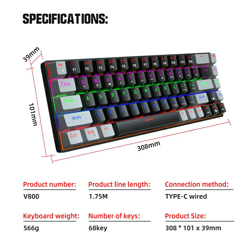 V800 68 Keys Keycap RGB Lighting Effect Metal Panel Blue-Switch Mechanical Keyboard